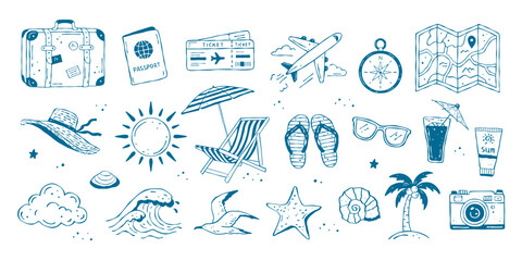 Hand-drawn doodle vector set of travel and beach essentials including suitcase, passport, tickets, map, compass, airplane, sun, sunglasses, hat, camera, palm and cocktail © Irina Khovanskaya