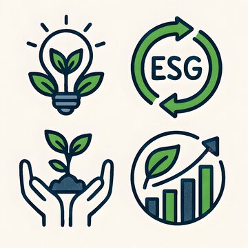 illustration of four ESG (Environmental, Social, and Governance) icons representing sustainability, corporate responsibility, and ethical investment. Minimalistic design, clean lines, and isolated on 