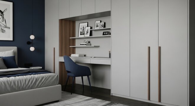Modern Minimalist Bedroom with Integrated Built-in Wardrobe and Integrated Workspace Desk in Grey and Navy Blue