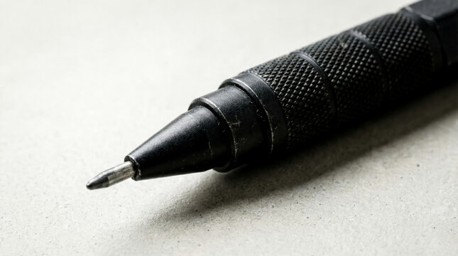 Macro shot of a black metal ballpoint pen tip resting on a textured light gray surface