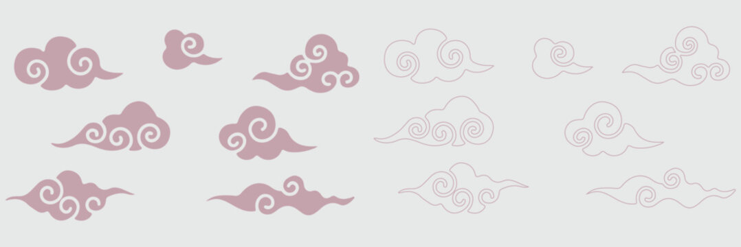 Four distinct black outline cloud illustrations featuring elegant swirls and traditional Asian inspired styling on white