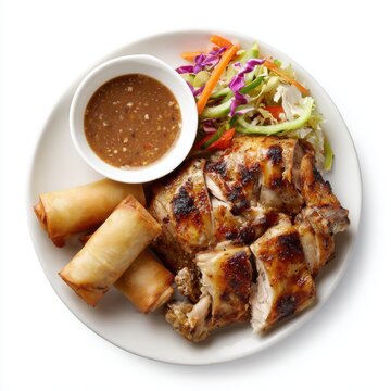 Inasal na manok with vegetable spring rolls and peanut sauce isolated on a white background