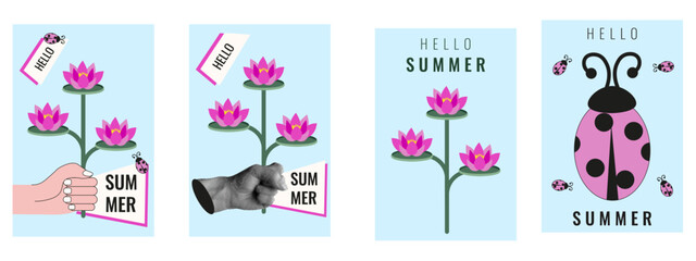 Hello Summer poster cover set. Vector illustration of Summer lotus flowers ladybug Halftone hand bold message on light blue backgorund. Modern summertime card poster collection. EPS 10 © Svetlana