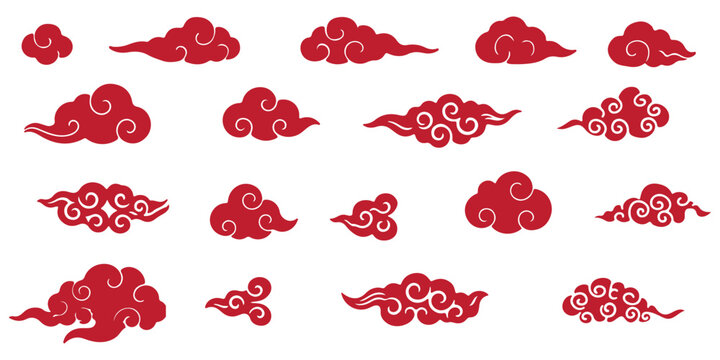Four distinct black outline cloud illustrations featuring elegant swirls and traditional Asian inspired styling on white