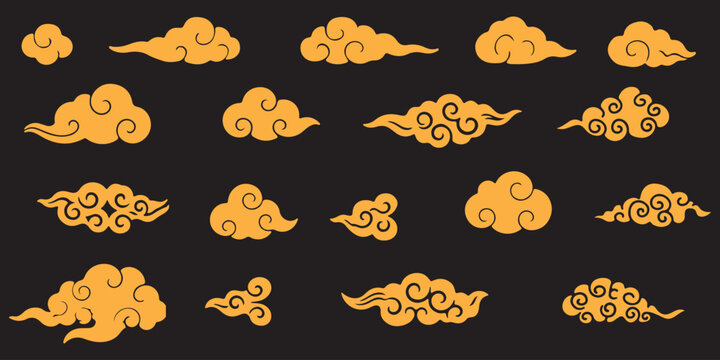 Four distinct black outline cloud illustrations featuring elegant swirls and traditional Asian inspired styling on white