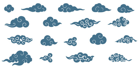 set of abstract geometric Chinese clouds, vector Traditional asian Japan liquid line cloud shape pattern collection, element icons, new year design cards, poster, banner, pattern, © Hikestudio3