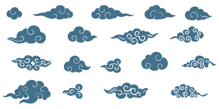 set of abstract geometric Chinese clouds, vector Traditional asian Japan liquid line cloud shape pattern collection, element icons, new year design cards, poster, banner, pattern,