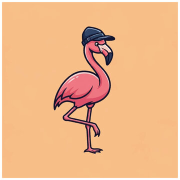 Cartoon Flamingo Wearing Baseball Cap.