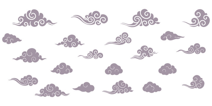 set of abstract geometric Chinese clouds, vector Traditional asian Japan liquid line cloud shape pattern collection, element icons, new year design cards, poster, banner, pattern,