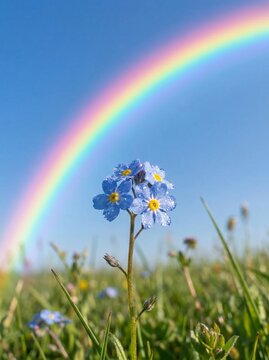 Blue Forget-Me-Not Flowers with Rainbow in Spring Meadow, Macro Nature Background