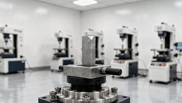 Medium shot showing a clean room environment with multiple hardness testing machines highlighting a single steel specimen in crisp detail.