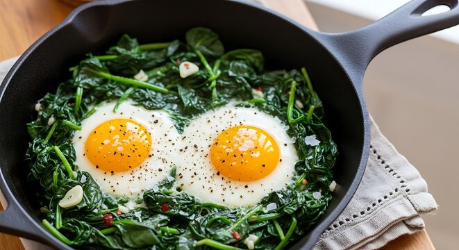 Cooked eggs with spinach in a skillet overhead view of a healthy meal