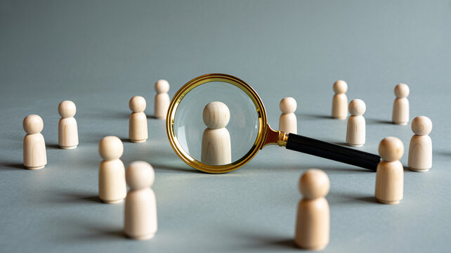 A magnifying glass focuses on a single wooden figure among a crowd of similar figures