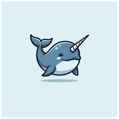 Fototapeta premium Cartoon narwhal with a horn swimming.