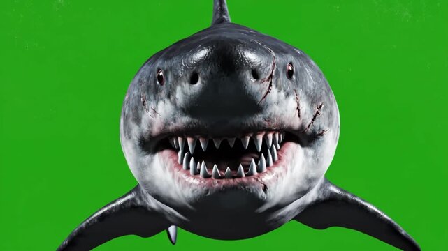 Close-up of a powerful great white shark with visible scars and menacing teeth, perfect for visual effects.