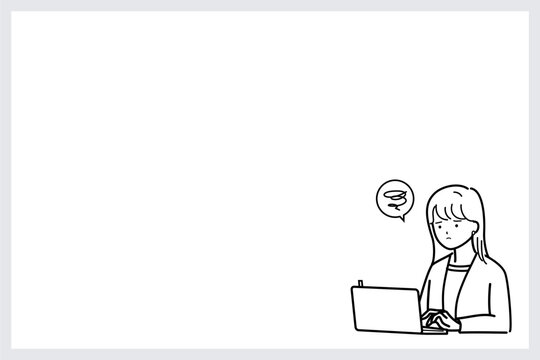 コピースペースのある会議前にパソコンで準備する女性（こじらせ)（線画）