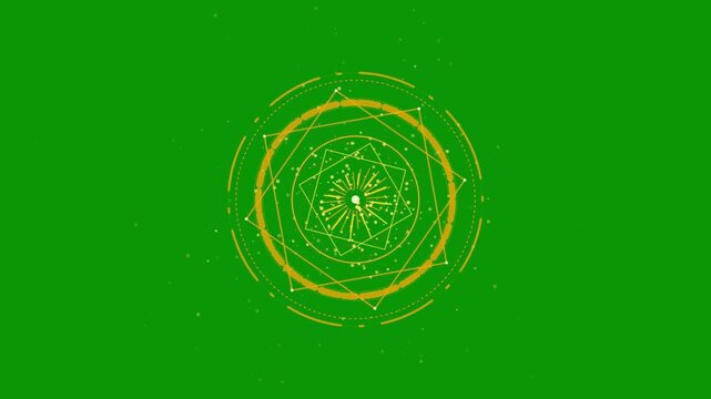 Abstract golden geometric magic circle with glowing particles on a green background