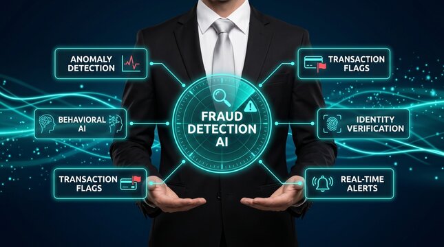 A businessman in a suit presenting a fraud detection AI system with various security features.