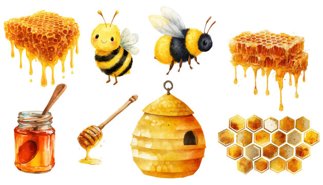 Watercolor illustration of cute striped bees, a traditional hive, honey jar with dipper and dripping hexagonal comb pieces on a clean white background