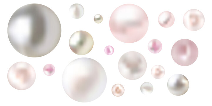 Iridescent lustrous pearls reflecting light and floating randomly against a clean white background, creating a luxurious and elegant jewelry concept
