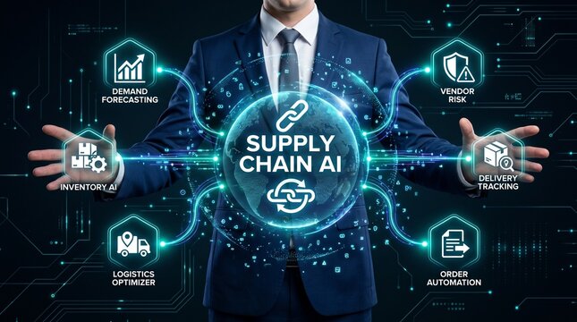 A businessman in a suit presenting a futuristic supply chain AI concept with various icons and graphics