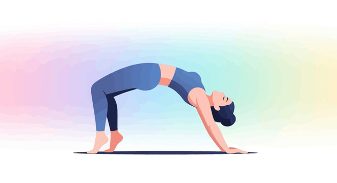Woman in yoga bridge pose on a mat with a colorful gradient background