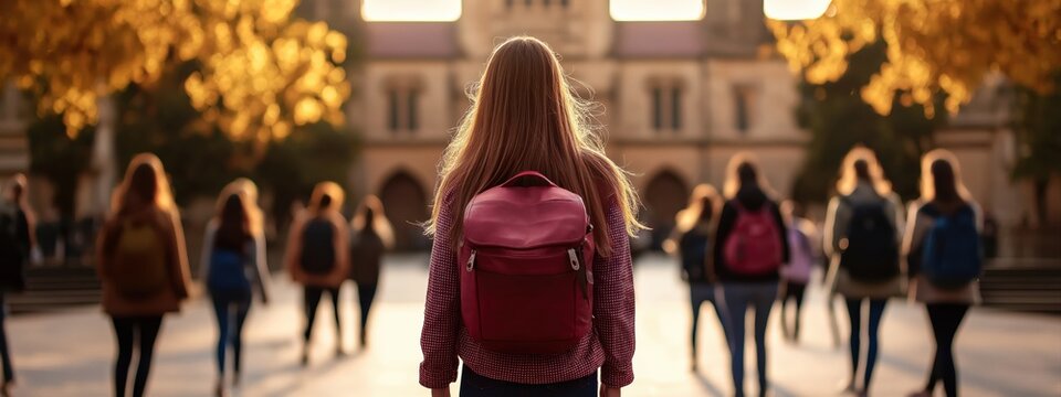 Young woman student walking on a college campus with other students, starting a new academic journey