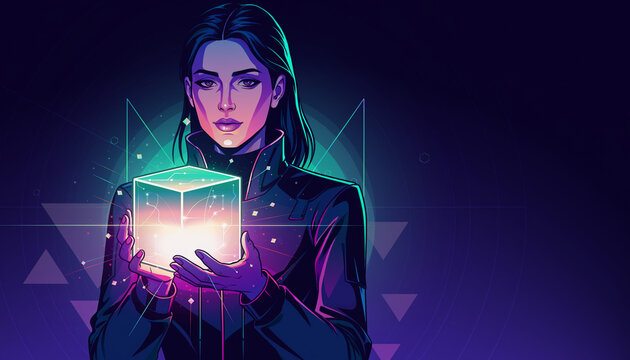 A digitally illustrated woman with dark hair holding a glowing, ethereal cube in a futuristic, neon-lit setting with geometric patterns.