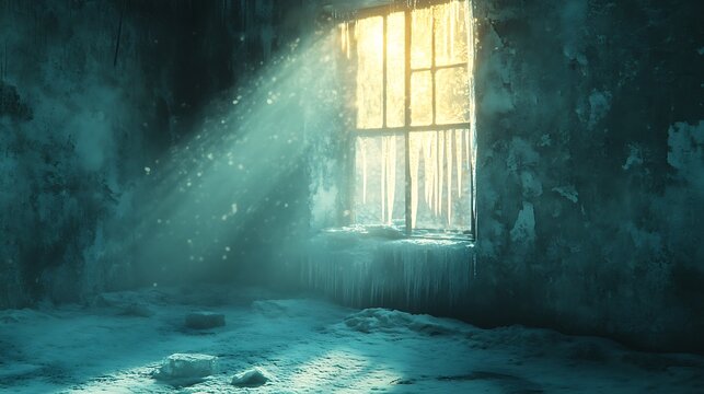 Frozen solitude a stark window scene with light piercing through the icicles