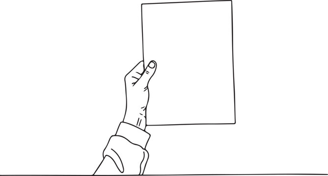 Hand holding blank sign, empty card, gesture icon, line art illustration, vector graphic