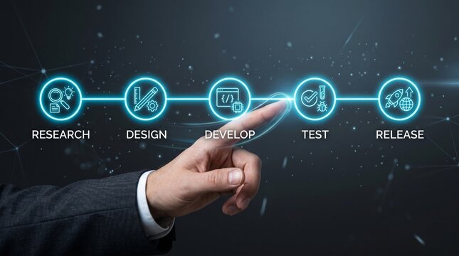 A hand in a business suit interacting with a digital flowchart of the product development process