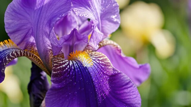 A vibrant purple iris flower in bloom with water droplets