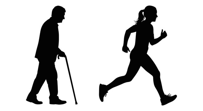 Contrast between elderly mobility aid use and active running lifestyle Vector, illustration