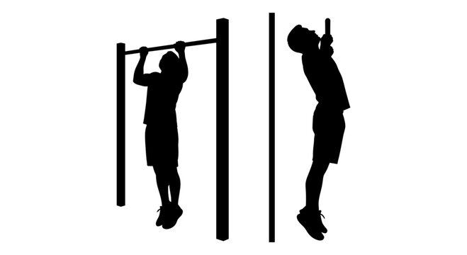 Two silhouettes demonstrating different pull-up techniques on parallel bars. Vector, illustration