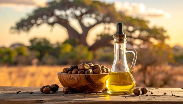 Natural Shea Butter Oil In Glass Carafe With Raw Nuts In Wooden Bowl Against Blurred Baobab Tree At Sunset