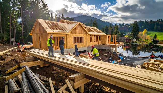 A construction site with workers building a wooden house