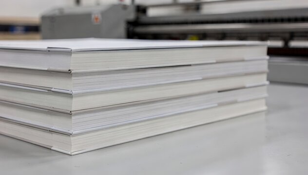 Medium shot capturing textbook paperbacks collated and stacked neatly sharp focus on edge alignment while automated equipment in the background remains softly out of focus.