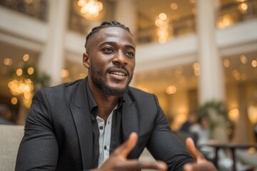 Obraz premium beautiful man is sitting at table in restaurant. he's talking or giving interview. he's well dressed. pleasant lively atmosphere around. photo conveys business conversation or meeting of friends