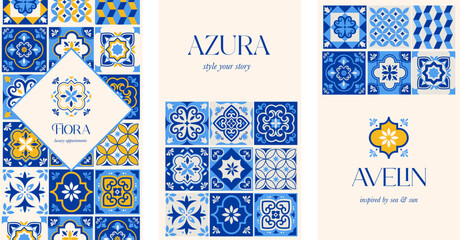 Obraz premium Traditional Azulejo Portuguese tile patterns collection. Ornamental Mediterranean ceramic set. Moroccan decorative elements and vector illustrations.