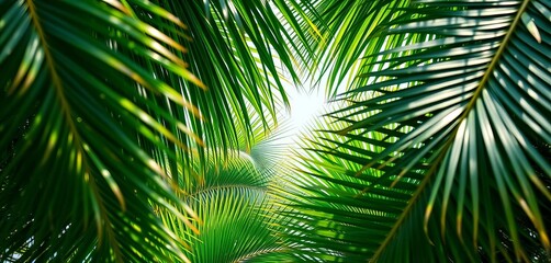 Obraz premium Tropical palm tree leaves forming a natural frame, vibrant green foliage, image, vibrant