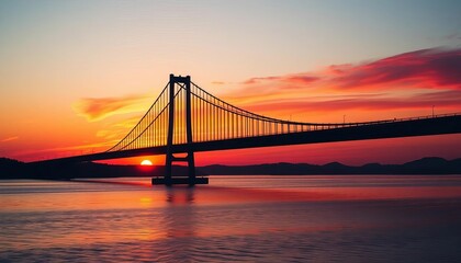 Obraz premium Sleek, dark bridge silhouette against a vibrant sunset, one, night