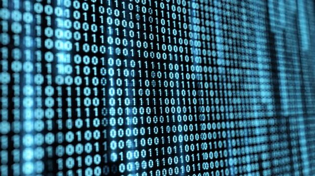 Abstract digital background featuring luminous blue circular pixels displaying binary code sequences of ones and zeros in a glowing computer matrix screen with circular diode animation.