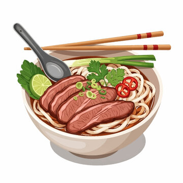 An illustrated bowl of Vietnamese pho with sliced beef, noodles, broth, fresh herbs, lime, and chili, served with chopsticks and a spoon.