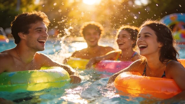 People enjoying pool with floaters