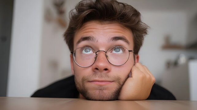 A young man wearing glasses rests his head on his hand while gazing upward in deep contemplation symbolizing a moment of questioning or realization