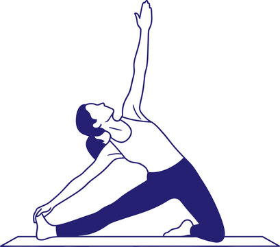 Woman performing ardha matsyendrasana yoga pose on a mat. Health and wellness. Minimalist outline vector illustration for fitness website or app