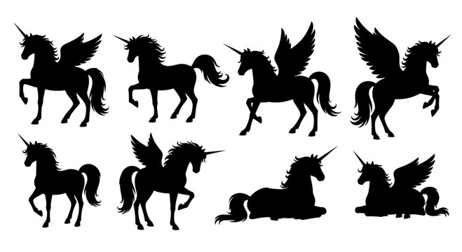 Majestic pegasus unicorns a collection of black silhouette illustrations