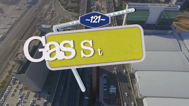 Vertical video: Sliding gas sign forming, glitching, retracting over waterfront rd, showing 3mi