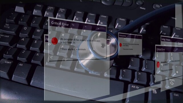 Medical keyboard with stethoscope resting keys, exception causing overlays requesting press any key