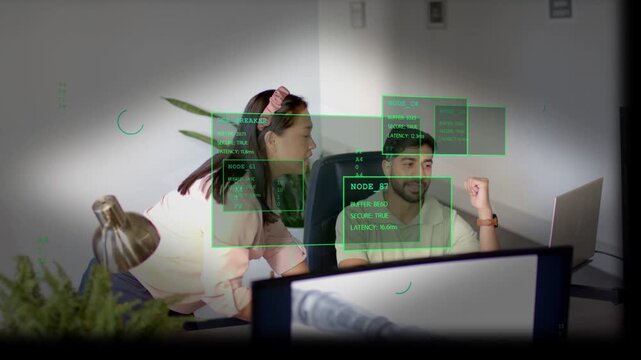 Woman leaning in and pointing at laptop initiating business AR overlay NODE_87 while peer reviewing